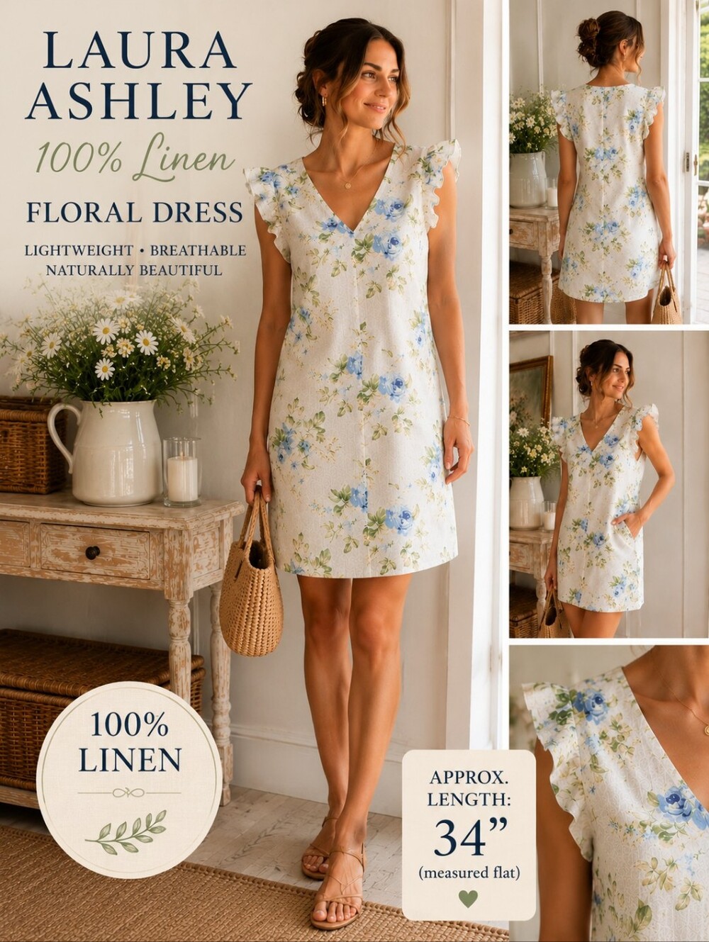 Laura Ashley 100% Linen Floral Mini Dress Flutter Sleeve Size Small